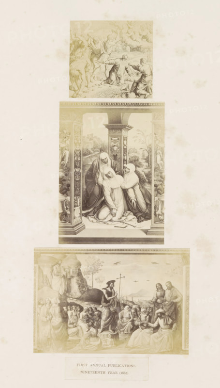 Three photographic reproductions of a publication by the Arundel Society with paintings by Raphael, photograph, reproduction, page, inscription: 'occasional publications, 1866.', after painting by Raphael, c. 1859 - in or before 1869, photographer, paper, albumen print, height 378 mm x width 290 mm, the Annunciation: Mary kneeling, book, painting (including book-illumination, miniature-painting), A tall pale sheet showing three framed sepia-toned scenes stacked vertically, each with detailed figures and architectural elements; the top scene depicts several robed figures in dynamic poses with arms raised and a few clouds or cherubs above, the middle scene shows three veiled women in an ornate architectural setting with columns and decorative panels surrounding them, and the bottom scene portrays a seated crowd gathered around a central standing figure holding a staff with distant landscape and buildings behind them, the paper around the scenes showing light age spots and smudges.