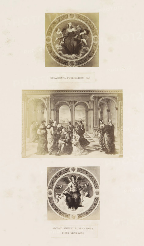 Three photographic reproductions of a publication by the Arundel Society with paintings and a print after Raphael, photograph, reproduction, page, inscription: 'first annual publications. nineteenth year (1867).', after painting by anonymous, after print by Raphael, c. 1859 - in or before 1869, Raphael, photographer, after print by, paper, albumen print, height 378 mm x width 290 mm, book, painting (including book-illumination, miniature-painting), printed matter, A vertical sheet showing three separate framed illustrations stacked with space between them on a pale background with scattered foxing spots, the top and bottom illustrations are circular medallion-style images with ornate decorative borders containing seated female figures surrounded by cherubic children and clouds, the middle illustration is a rectangular classical interior scene with arched colonnades opening to a distant landscape and groups of robed figures gathered and interacting on a patterned floor, faint rectangula...