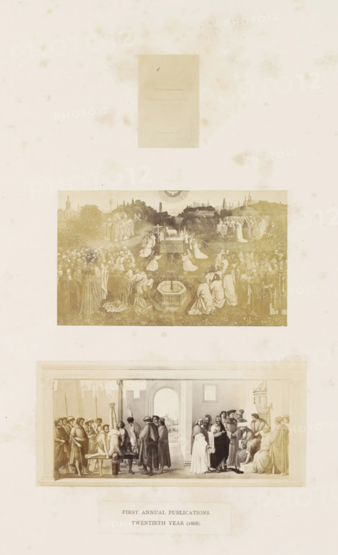 Three photo reproductions of a publication by the Arundel Society with frescoes by Rafael and Ghirlandaio, photograph, reproduction, page, inscription: 'second annual publications. first year (1967).', after painting by Rafaël, after painting by Domenico Ghirlandaio, c. 1859 - in or before 1869, photographer, paper, albumen print, albumendruk, height 378 mm x width 290 mm, book, painting (including book-illumination, miniature-painting), A vertical sheet with three framed images arranged top to bottom on a pale, mottled background, the top area showing a small rectangular plate with faint printing, the middle area featuring a wide horizontal sepia-toned scene of many robed figures gathered around an altar and a fountain in a meadow with distant trees and buildings, the lower framed scene depicting an interior classical setting with columns and an arched doorway where groups of people in historical dress interact around a central table or platform, and below that a rectangular label pan...