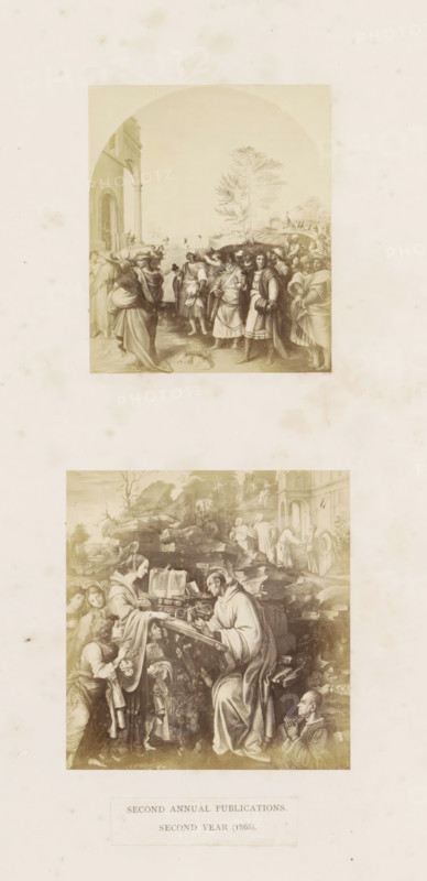 Two photo reproductions of a publication by the Arundel Society featuring a painting by Filippino Lippi, photograph, reproduction, page, inscription: 'second annual publications. second year (1868).', after painting by Filippino Lippi, after painting by Andrea del Sarto, c. 1859 - in or before 1869, photographer, paper, albumen print, albumendruk, height 378 mm x width 290 mm, book, painting (including book-illumination, miniature-painting), A tall, pale page shows two separate rectangular vignette images stacked vertically with generous blank margins; the upper vignette depicts a group of robed figures standing and conversing near an arched building entrance with a column and a treeed landscape in the background, while the lower vignette shows a seated robed figure at a lectern surrounded by standing and kneeling figures, some holding books and papers, set against a rocky outdoor scene with additional figures and architectural elements in the distance.
