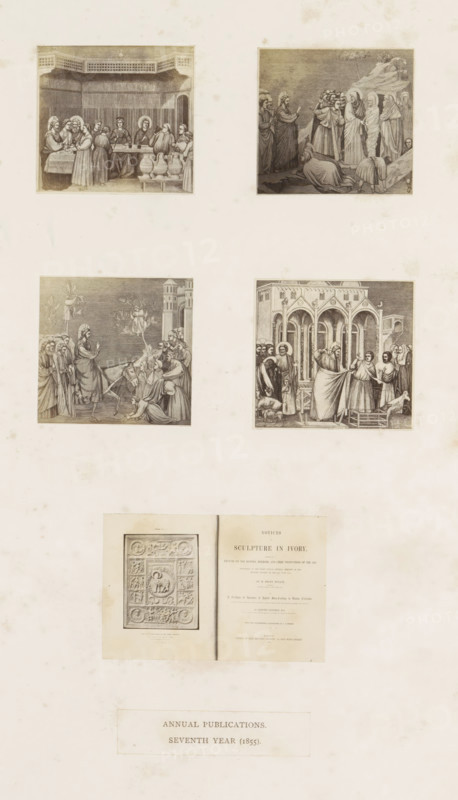 Five photo reproductions of a publication by the Arundel Society with prints after Giotto and reliefs in ivory, photograph, reproduction, page, inscription: 'Annual publications., Annual publications. Seventh year (1855).', after print by anonymous, after painting by Giotto de Bondone, Italy, c. 1859 - in or before 1869, photographer, after print by, paper, albumen print, albumendruk, height 378 mm x width 290 mm, book, illustration, printed matter, A large sheet with a pale background contains four square illustrations arranged in a grid near the top, each depicting groups of robed figures in architectural or outdoor settings; the upper left shows a long table with jars and seated figures under a decorative canopy, the upper right shows standing and kneeling figures on rocky ground with a reclining figure in the foreground, the lower left shows a central figure on a donkey approached by surrounding figures near buildings and trees, and the lower right shows figures gathered before an ...