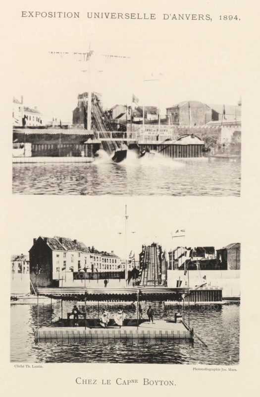 Two views of a water ramp during the world exhibition in Antwerp, Chez le Capne Boyton, page, photomechanical print, photographer: Th. Lantin, Antwerp, cliché maker: Joseph Maes, 1894, paper, collotype, light printing, height 360 mm x width 260 mm, pleasure fair and circus, river, A vertically oriented print showing two photographic scenes one above the other separated by blank space, each depicting a waterfront area with docks and buildings. The upper scene shows a body of water in the foreground with rippling reflections, a pair of boats creating splashes near a central ramp or slide that angles down toward the water, flagpoles and small structures along the waterline, and a row of multi-story buildings and industrial-looking structures behind. The lower scene shows a floating platform or covered pier with figures seated and standing under a canopy at the water’s edge, a calm water surface in front, and behind it a raised wooden ramp or slide flanked by buildings, flagpoles, and more...