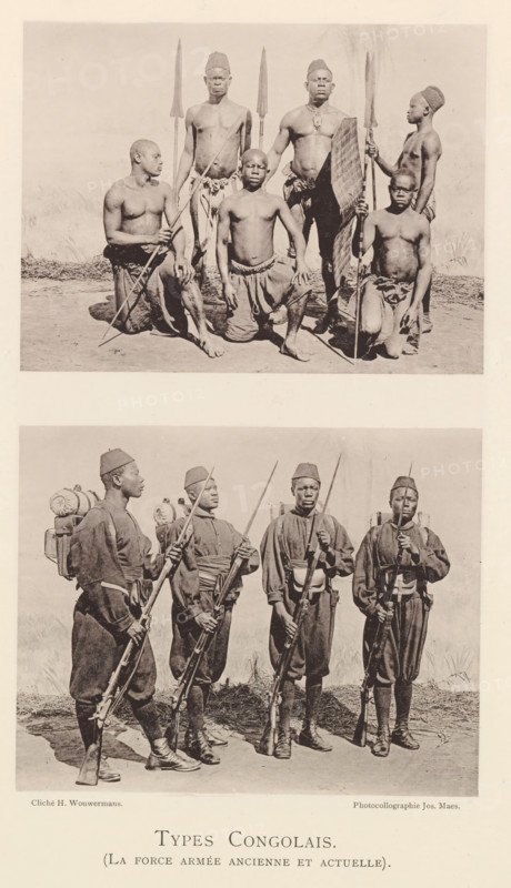 Types Congolais (La force armée ancienne et actuelle), Two group portraits of Congolese men with spears and shields and in uniform with guns, page, photomechanical print, photographer: Th. Lantin, Antwerp, cliché maker: Joseph Maes, 1894, paper, collotype, photoprint, height 360 mm x width 260 mm, (military) uniforms, firearms: rifle, anonymous historical persons depicted in a group, in a group-portrait, casting weapons: spear, A vertically split image shows two separate sepia-toned group portraits placed one above the other. The upper scene depicts a group arranged in a loose semicircle on bare ground with a faint textured backdrop; some figures are standing while others are kneeling, most are shirtless, wearing simple lower garments, and several hold long spears and a tall, elongated shield with a patterned surface; headwear varies with a few rounded caps visible, and the expressions are neutral. The lower scene shows a row of four standing figures on similar ground and backdrop, all...