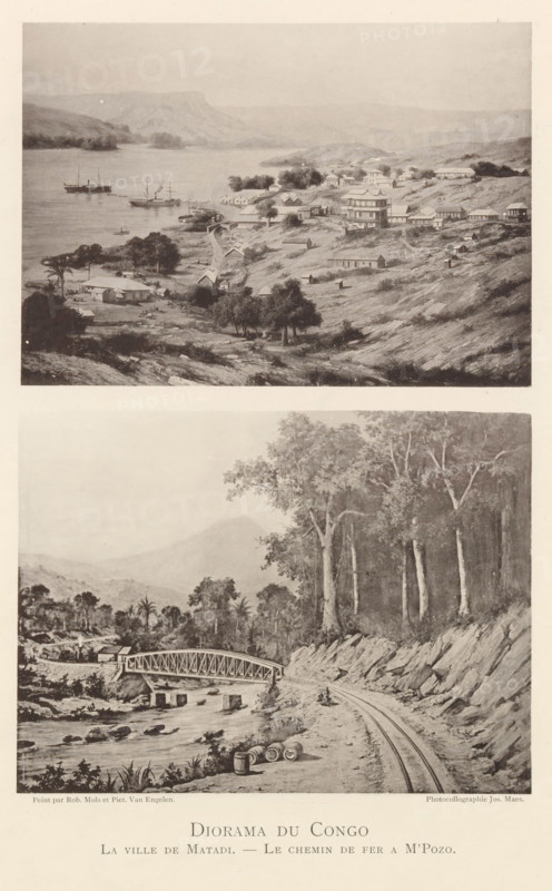 Diorama du Congo, Two photo reproductions of paintings depicting a view of Matadi and the railway line near Mpozo, reproduction, page, photomechanical print, inscription: 'La ville, M'Pozo.', photographer: Th. Lantin, Antwerp, cliché maker: Joseph Maes, after painting by Robert Mols, after painting by Piet van Engelen, 1894, Th. Lantin, Joseph Maes, Robert Mols, Piet van Engelen, photographer, cliché maker, after painting by, paper, collotype, photoprint, height 362 mm x width 260 mm, city-view in general, 'veduta', railway, train, Matadi, A vertically split image showing two sepia-toned landscape scenes, the upper scene depicting a coastal settlement on sloping terrain with clustered buildings of varying sizes, trees scattered among the structures, a shoreline with several anchored ships and small boats on calm water, and distant hills fading into the background; the lower scene showing a riverside landscape with a metal truss bridge crossing a flowing river, a dirt track or rail line...