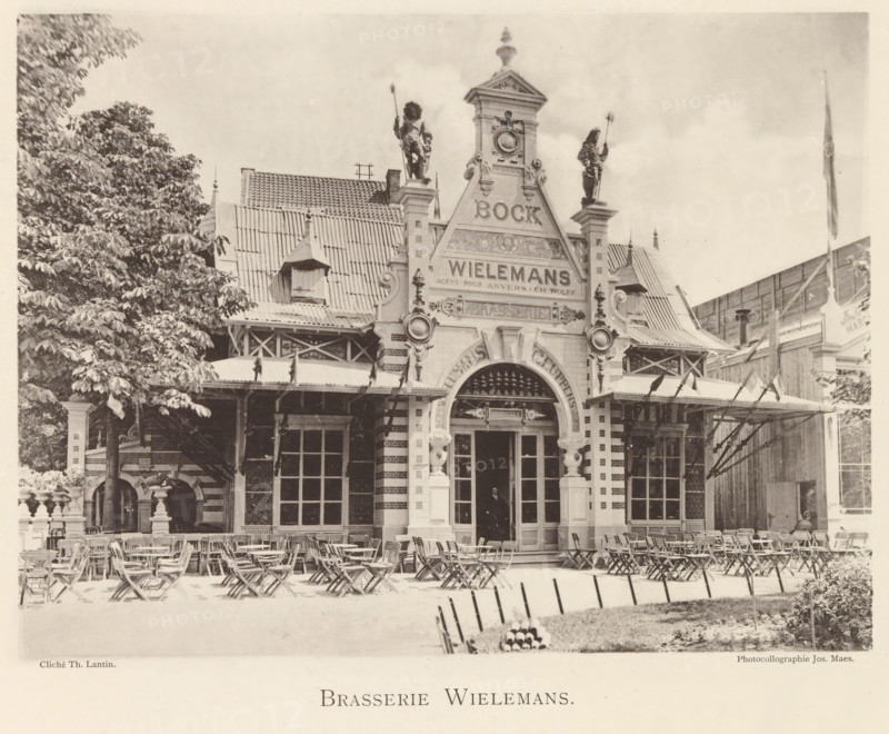 Exterior of Brasserie Wielemans in Antwerp, Brasserie Wielemans, page, photomechanical print, photographer: Th. Lantin, Antwerp, printer (person): Joseph Maes, c. 1890 - in or before 1894, printer (person), paper, collotype, photoprint, height 163 mm x width 220 mm, restaurant, facade (of house or building), A wide facade of an ornate building with decorative architectural details occupies the center, featuring a stepped gable with sculpted figures on its upper edges and medallion-like circular ornaments, flanked by turrets and a tiled roof with dormer windows; in front of the entrance there is an arched doorway with columns and a small covered terrace extending on either side, beneath which rows of folding chairs and small tables are arranged across a paved area; to the left a large leafy tree partially obscures the building and casts shade, while to the right a tall flagpole and a wooden fence-like structure rise beside the structure; the scene is captured in a sepia-toned photograph...