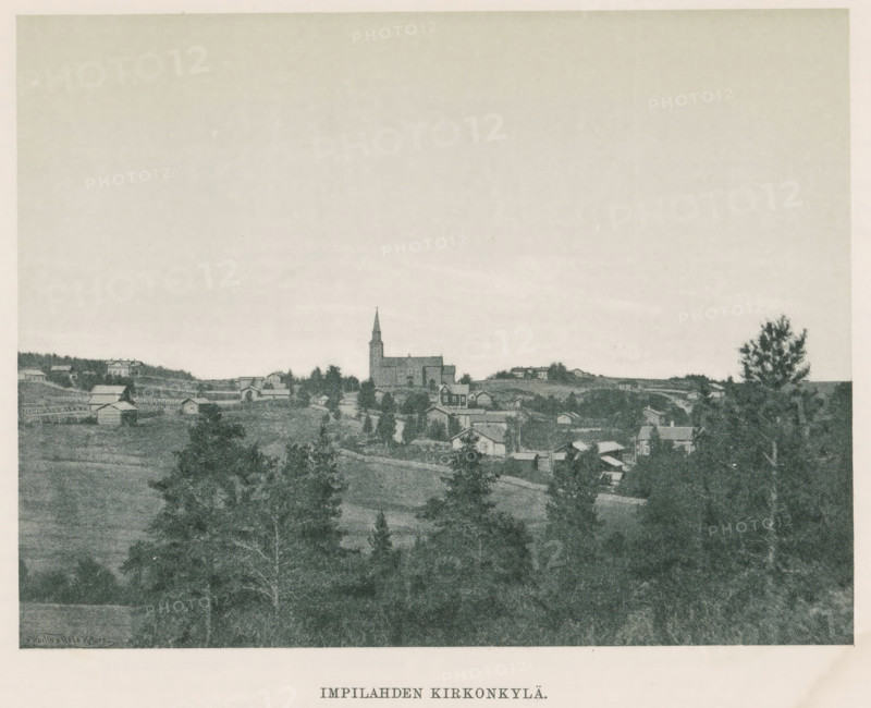View of a village, Impilahden kirkonkylä, page, photomechanical print, photographer: Impi Backman, cliché maker: anonymous, printer (person): Weilin & Göös, c. 1888 - c. 1893, printer (person), paper, autotypie, height 156 mm x width 206 mm, city-view in general, 'veduta', church (exterior), Karelia, A wide landscape view showing a rural village with scattered houses and farm buildings set among rolling fields and clusters of trees, a prominent church with a tall steeple near the center, a road winding through the settlement, dense treetops and open meadow areas in the foreground, and a broad pale sky occupying the upper portion of the image.