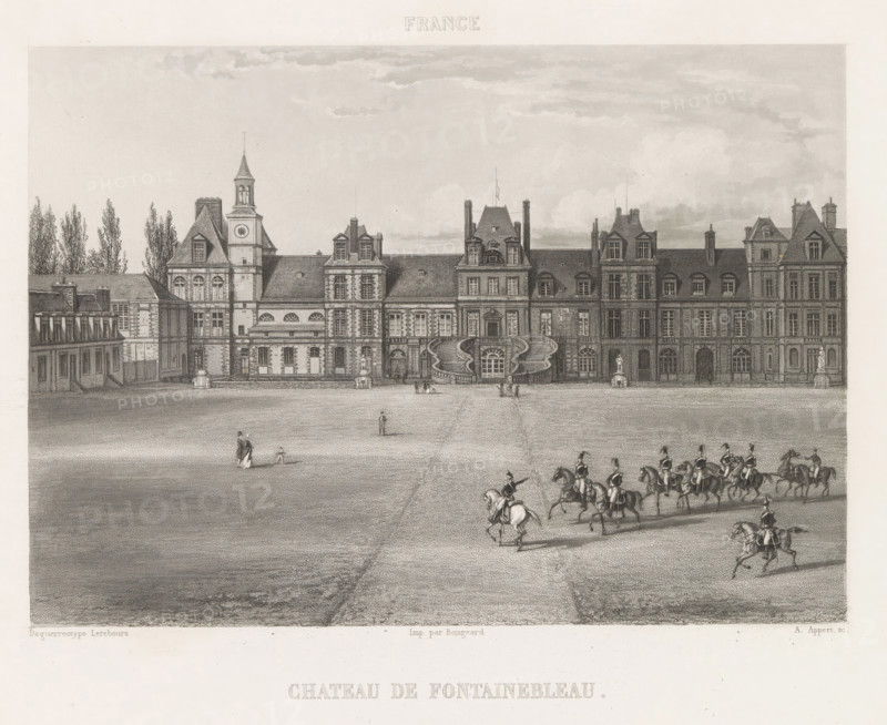 Courtyard of the Castle of Fontainebleau, Chateau de Fontainebleau, France, print, page, inscription: 'NP Lerebours Place du Pont Neuf 15', inscription: 'Rittner & Goupil Boulevd Montmartre 15', inscription: 'Hr. Bossance Quai Voltaire 11', printmaker: A. Appert, after drawing by anonymous, after photo by Noël Marie Paymal Lerebours, Fontainebleau, printer (person): Bougeard, publisher: Noël Marie Paymal Lerebours, Paris, publisher: Rittner & Goupil, publisher: Jean-Hector Bossange, in or after 1839 - in or before 1841, printer (person), paper, aquatint, height 145 mm x width 205 mm, palace, façade (of house or building), inner court of palace or 'hôtel', Palais de Fontainebleau, A wide frontal view of an ornate stone building with multiple steep roofs, tall chimneys, and a central section featuring a curved double staircase leading to an arched doorway, flanked by statues on pedestals; a broad open paved courtyard in front of the building with small groups of people walking and standi...