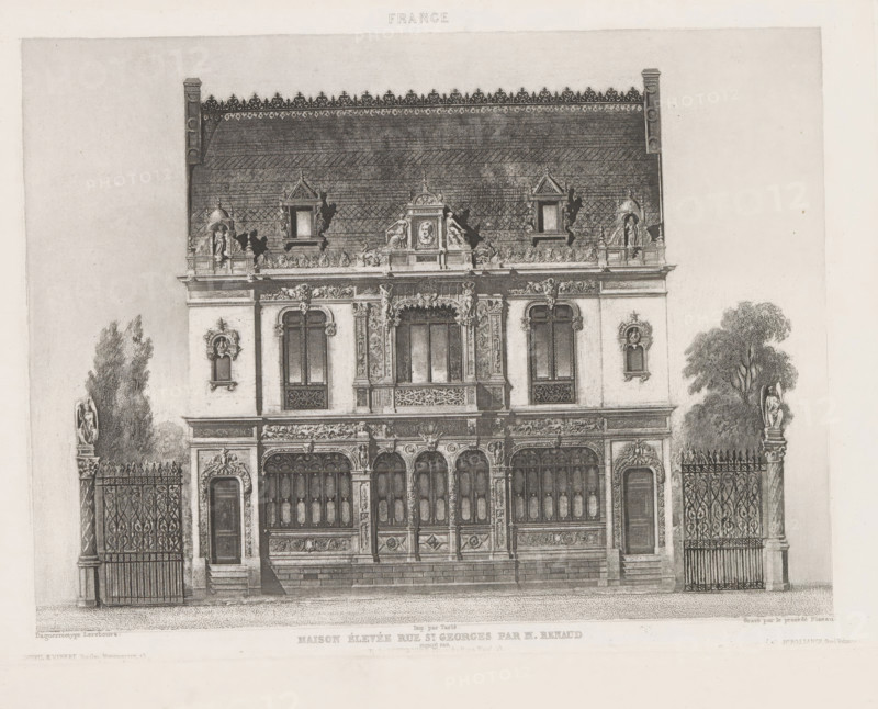 Photo reproduction of a print depicting the facade of a house on the Rue Saint Georges in Paris, Maison élevée Rue St. Georges par M. Renaud, France, reproduction, page, photomechanical print, inscription: 'Hr. Bossance Quai Voltaire 11', inscription: 'Goupil & Vibert Boulevd Montmartre 15', inscription: 'NP Lerebours Place du Pont Neuf 15', printmaker: Hippolyte Fizeau (possibly), after drawing by anonymous, after photo by Noël Marie Paymal Lerebours, Paris, printer (person): Tarlé, publisher: Noël Marie Paymal Lerebours, publisher: Goupil, Vibert & Cie., publisher: Jean-Hector Bossange, in or after 1839 - in or before 1841, photographer, printer (person), paper, etching, height 143 mm x width 193 mm, housing, facade (or house or building), A detailed facade of an ornate building with a steep decorative roofline and patterned roof tiles sits centered in the image, flanked by wrought iron gates and sculpted columns topped with statues and foliage. The upper façade features carved pedim...