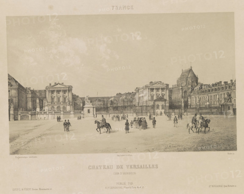 Chateau de Versailles cour d'honneur, View of the Palace of Versailles, France, print, page, inscription: 'Rittner & Goupil Boulevard Montmartre 15', inscription: 'Hr. Bossance Quai Voltaire 11', inscription: 'NP Lerebours Place du Pont Neuf 15', printmaker: Charles Fichot, after drawing by anonymous, after photo by Noël Marie Paymal Lerebours, Versailles, printer (person): Joseph Rose Lemercier, publisher: Noël Marie Paymal Lerebours, Paris, publisher: Rittner & Goupil, publisher: Jean-Hector Bossange, in or after 1839 - in or before 1841, Charles Fichot, Noël Marie Paymal Lerebours, Joseph Rose Lemercier, Rittner & Goupil, Jean-Hector Bossange, printmaker, after drawing by, printer (person), publisher, paper, aquatint, height 145 mm x width 238 mm, palace, façade (or house or building), Palace of Versailles, A wide sepia-toned architectural drawing shows a grand classical palace facade with ornate columns, pediments, statues on plinths, and wrought iron gates, flanked by extended win...