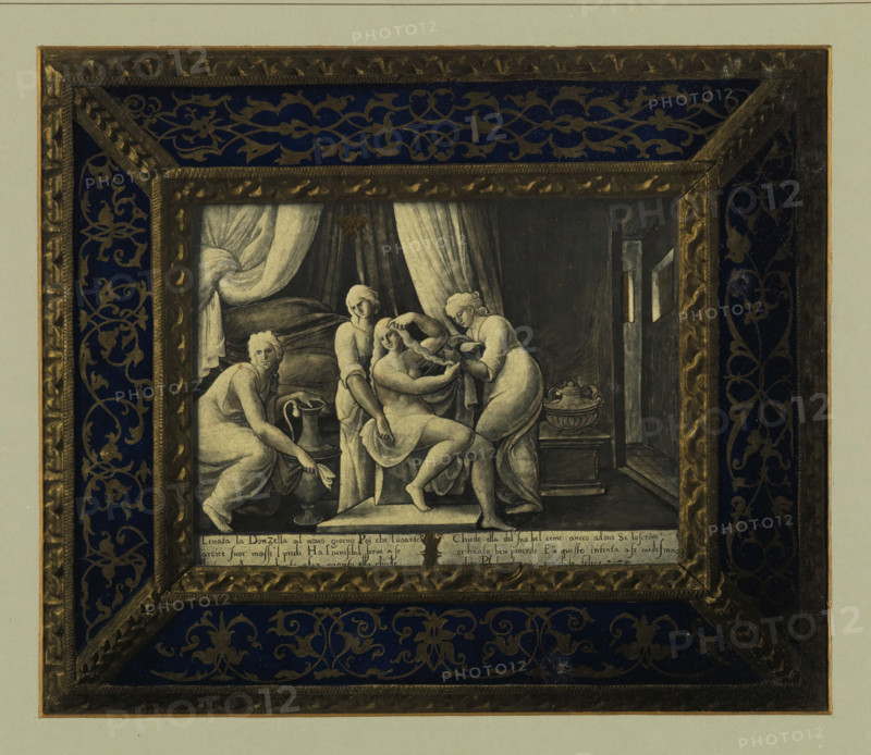 Grisaille by Léonard Limosin, depicting Psyche's toilet, La toilette de Psyché grisaille en émail du Limoges (Leonard Limousin), Musée National du Louvre Galerie d'Apollon, page, photomechanical print, inscription: 'photochromie du moniteur', photographer: Léon Vidal, Paris, c. 1876 - c. 1883, paper, photochrom, height 213 mm x width 252 mm, picture, painting, Psyche is attended by invisible hands, the toilet of Psyche, A framed rectangular artwork shows a grayscale scene of four partially draped women in an interior with heavy curtains and a bed, one woman seated with another leaning toward her adjusting her hair while another pours from a jug and a fourth kneels nearby, all rendered in fine shading; the central image is bordered by an ornate gold frame with a deep blue decorative band featuring gold scrolling floral motifs, and the outer background is a pale neutral mat.