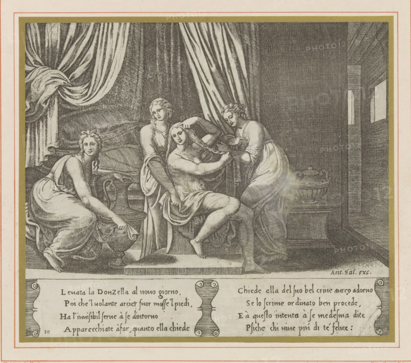 Photo reproduction of an engraving depicting Psyche's toilet, La toilette de Psyché fac-simile d'une estampe engravée par le Maitre au Dé, Musée National du Louvre Galerie d'Apollon, reproduction, page, photomechanical print, photographer: Léon Vidal, Paris, cliché maker: Moniteur, after print by Bernardo Daddi, c. 1876 - c. 1883, Léon Vidal, Moniteur, Bernardo Daddi, photographer, cliché maker, after print by, paper, collotype, phototypie, height 193 mm x width 228 mm, Psyche is attended by invisible hands, the toilet of Psyche, A detailed engraved scene shows four women in flowing classical drapery gathered in an interior with heavy drapery and architectural elements. One woman sits on a raised seat, partially undressed, with another woman behind her arranging or holding her hair while a third woman to the right leans forward holding a bowl and a cloth. A fourth woman kneels to the left near a large vessel, reaching toward it. The background features a large tied curtain on the left,...
