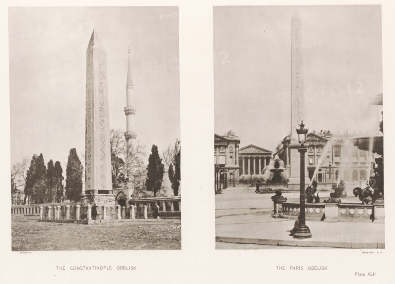 The Constantinople obelisk, The Paris obelisk, page, photomechanical print, number: 'Plate XLII', cliché maker: Harroun & Bierstadt (possibly), New York (city), c. 1881, photographer, printer (person), North America, paper, collotype, artotype, height 270 mm x width 352 mm, Prints opposite page 126., column, pillar, architecture, obelisk, needle, Paris, Istanbul, Place de la Concorde, Obelisk of Theodosius, A sepia-toned image divided into two vertical panels shows tall stone obelisks rising against pale skies; the left panel features an obelisk with carved vertical patterns standing on a raised base surrounded by a low balustrade and mature trees, with a slender minaret visible behind it and bare ground in the foreground, while the right panel shows an obelisk on a city plaza with ornate fountains spraying water, classical buildings with columned facades in the background, decorative lamp posts and sculpted figures around the fountain, and paved surfaces leading toward the monument.