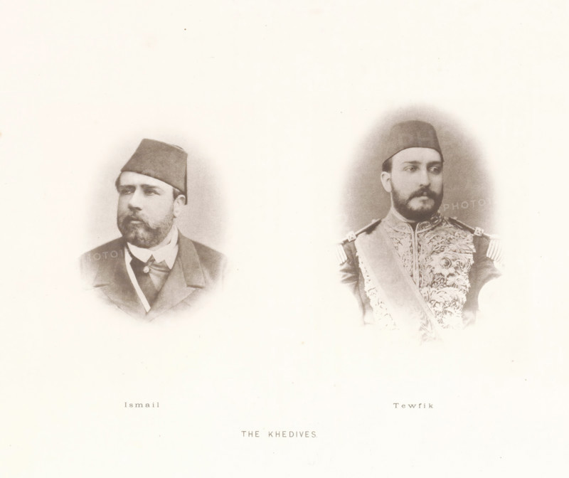 The Khedives, page, photomechanical print, clichémaker: Harroun & Bierstadt (possibly), New York (city), c. 1881, photographer, printer (person), North America, paper, collotype, artotype, height 270 mm x width 352 mm, Prints opposite page 175., Person, Ismail (Kedive of Egypt and Sudan), Tawfiq (Kedive of Egypt and Sudan), ruler, sovereign, A faded sepia image showing two oval portrait vignettes on a pale background, each depicting a man from the shoulders up wearing a fez; the left portrait shows a man with a full beard and mustache dressed in a dark coat and shirt with a high collar and a visible lapel, his head turned slightly to his right, while the right portrait shows a man with a trimmed beard and mustache wearing an ornate embroidered uniform with epaulettes and a sash, his head turned slightly to his left.