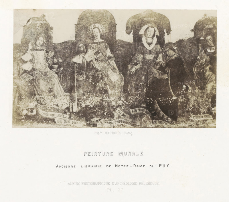 Mural in the library of the Notre-Dame-de-l'Annonciation cathedral in Le Puy-en-Velay, Peinture murale, photograph, page, number: 'PL. 27.', inscription: 'ancienne librairie de Notre-Dame du Puy.', photographer: Hippolyte Malègue, Notre-Dame-de-l'Annonciation, c. 1850 - in or before 1857, Hippolyte Malègue, photographer, Le Puy-en-Velay, paper, salted paper print, height 107 mm x width 184 mm, picture, painting, A faded rectangular image shows a row of seated figures beneath rounded arches, rendered in a grainy monochrome with areas of wear and spotting; the figures wear draped garments and head coverings and sit on high-backed seats, with one figure leaning toward another and another holding a long slender object upright; decorative banners or scrolls lie along the foreground and floral or patterned textures appear at the bottom, while a wide blank margin surrounds the image.