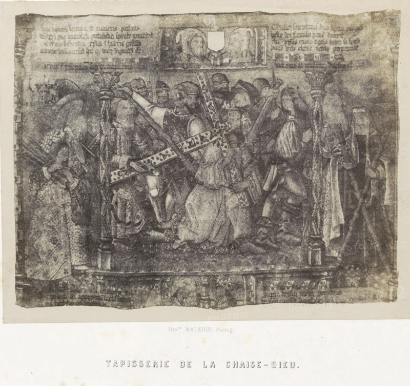 Tapestry from La Chaise-Dieu, Tapisserie de La Chaise-Dieu, photograph, page, number: 'PL. 30.', photographer: Hippolyte Malègue, France, c. 1850 - in or before 1857, paper, salted paper print, height 173 mm x width 221 mm, carrying of the cross: Christ bearing the cross, alone or with the help of others (eg Simon the Cyrenian), tapestry, A grayscale image of a worn tapestry panel mounted on a light background, showing a crowded scene with armored figures and robed people around a large ornate cross, decorative pillars at the sides, an elevated horizontal band near the top containing a small framed scene with two faces and a shield, and an ornate lower border; the tapestry shows textured fabric, faded patterns, and uneven edges.