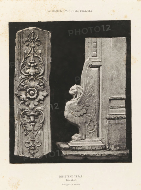 Ministère d'état. Escalier, Ornaments of the stairs of the Ministry of Foreign Affairs in the Palais du Louvre in Paris, Palais du Louvre et des Tuileries, page, photomechanical print, number: 'Int. 27', maker: Édouard Denis Baldus, France, c. 1865 - in or before 1870, Édouard Denis Baldus, paper, photoaquatint, height 218 mm x width 201 mm, flowers, ornament, ornament derived from animal forms, A vertical photograph of two carved stone architectural fragments against a dark background, one fragment on the left with an ornate floral relief featuring stylized leaves and a central rosette, and one fragment on the right showing a sculpted winged lion figure in profile seated on a stepped base with decorative scrollwork on the adjacent stone panel.