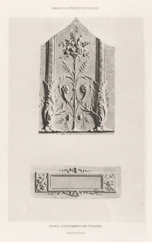 Reliefs from the Palais des Tuileries in Paris, Grands apartments des Tuileries, Palais du Louvre et des Tuileries, page, photomechanical print, number: 'Int. 50.', maker: Édouard Denis Baldus, France, c. 1865 - in or before 1870, paper, photoaquatint, height 231 mm x width 154 mm, ornaments, art, sculpture (relief, sculpture), A vertical sheet showing two carved stone panels photographed on a pale background, the upper panel is pointed at the top and features a central vertical stem with curling tendrils, stylized leaves, and floral motifs, flanked by two ornate vertical borders and large acanthus-like leaf scrolls at the base, the carving displays raised relief and shadowed texture; below it is a horizontal rectangular decorative panel with a recessed central field bordered by a beaded inner frame and floral corner ornaments, with small carved swags above and below, all shown in monochrome with subtle tonal variations.