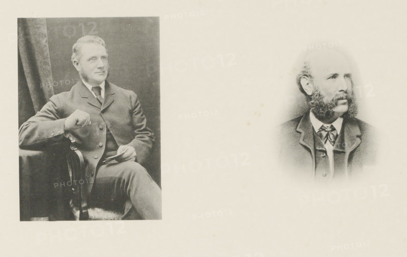 Contractors (resident), page, photomechanical print, United Kingdom, c. 1880 - in or before 1890, paper, collotype, photoprint, height 340 mm x width 438 mm, historical persons (portraits and scenes from the life), A faded photograph on the left shows a seated man in a suit with short hair and prominent sideburns, one arm resting on the armrest of a chair and the other hand holding a small folded item, a dark curtain behind him; on the right is a faded portrait of a man with a receding hairline and large muttonchop sideburns wearing a jacket, waistcoat, and cravat, both images set against a light, textured background.