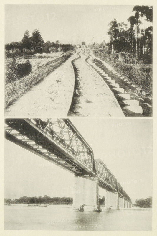 Two views of the railway in Japan after an earthquake, page, photomechanical print, Above a twisted track, below a view of the Kisogawa railway bridge., photographer: Miyashita, Japan, cliché maker: Kazumasa Ogawa, after 1891-10-28 - in or before 1892, paper, collotype, photoprint, height 405 mm x width 276 mm, railway, tramway, rack railway, bridge, consequences of an earthquake, Mino–Owari earthquake 1891, A vertically split image showing two separate monochrome photographs stacked one above the other, the top photo depicting a worn pair of railroad tracks curving and converging into the distance with grassy embankments and vegetation on either side and trees along the horizon, and the bottom photo showing a large steel truss bridge spanning a body of water with massive concrete piers rising from the water and the underside and side latticework of the bridge visible from a low vantage point.