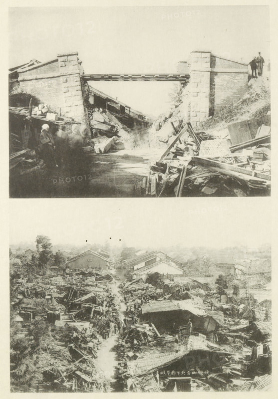 Destruction after an earthquake in Japan, page, photomechanical print, Above a destroyed railway bridge, below a view of destroyed buildings in Gifu., photographer: Miyashita, Japan, cliché maker: Kazumasa Ogawa, after 1891-10-28 - in or before 1892, paper, collotype, photoprint, height 405 mm x width 276 mm, railway, tramway, rack railway, landscape with ruins, housing, consequences of an earthquake, Earthquake Mino–Owari 1891, A vertical composite of two monochrome photographs separated by a blank band, the upper image showing a broken stone bridge with two tall stone supports and a narrow beam spanning the gap, rubble and wooden debris piled beneath and along the sides, a few people visible near the left support and a person standing on the right embankment, and the lower image showing an aerial view of a devastated area with collapsed wooden structures and tangled wreckage lining a narrow central path flanked by ruined buildings and scattered trees.