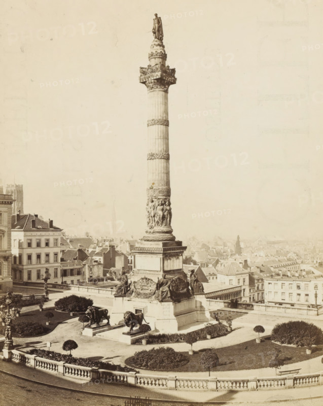 View of the Congress Column in Brussels, Bruxelles - Place et Colonne du Congrès, photograph, page, name: '(Phot. de Brand frères, rue de la Madeleine, 32.)', photographer: Brand Frères, Brussels, c. 1862 - c. 1872, paper, albumen print, albumendruk, height 187 mm x width 149 mm, Photo on page 7., monument, statue, square, circus, column, pillar, architecture, Congress Column, A tall decorative column rises from a large stone pedestal surrounded by sculpted figures and reclining statues, with ornate carvings and wreath-like bands along the column shaft and a standing statue at the top; two large lion sculptures sit on stepped platforms at the base, flanked by trimmed round shrubs and landscaped garden beds with low hedges and small potted trees; a balustraded terrace encloses the foreground and a wide paved roadway runs below it; surrounding buildings with multi-story facades, pitched roofs, and rows of windows fill the midground and background, where a distant cityscape of rooftops an...