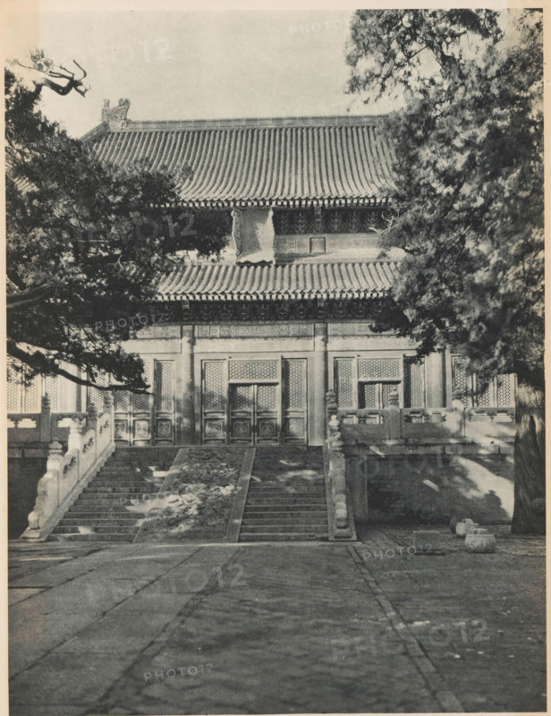 Confucius Temple in Beijing, page, photomechanical print, photographer: Donald Mennie, Beijing, cliché maker: anonymous, c. 1915 - in or before 1920, paper, rotogravure, height 262 mm x width 203 mm, temple, shrine, non-Christian religions, Confucius temple, A monochrome photograph of a traditional building with a tiered tiled roof partially obscured by large trees on either side, a central entrance flanked by carved panels and ornate doors, and a wide stone stairway leading up to the entrance with low balustrades and sculpted posts; the foreground shows a broad paved courtyard with visible paving joints and scattered shadows, while branches and foliage frame the upper portion of the scene.