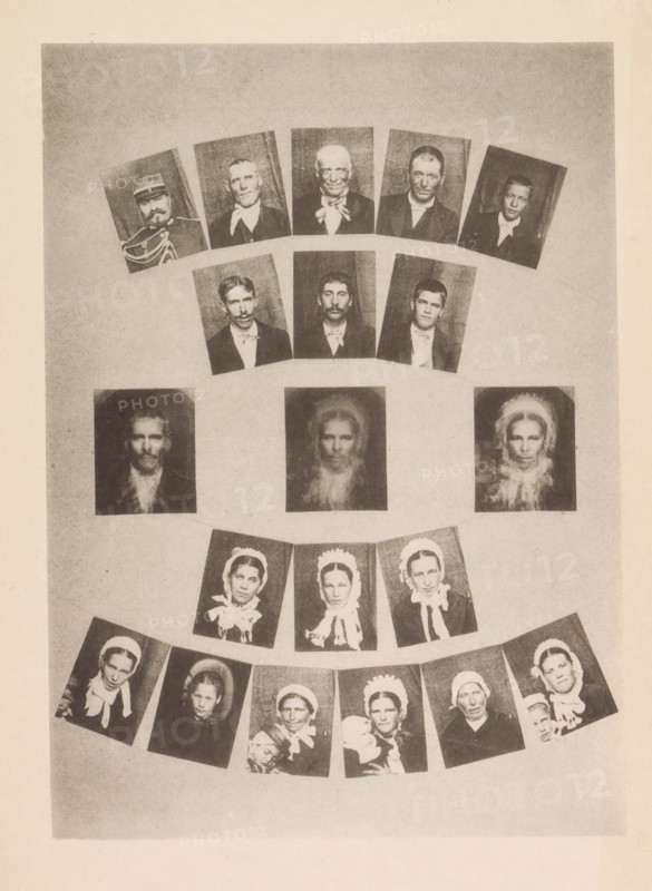 Seventeen portraits of inhabitants around the Montagne Noire, with three superimpositions of these portraits in the center, page, photomechanical print, Left center a superimposition of only the men, center a superimposition of all portraits, right center a superimposition of only the women., photographer: Arthur Batut, Midi-Pyrénées, cliché maker: anonymous, France, c. 1877 - in or before 1887, paper, collotype, light print, height 140 mm x width 102 mm, anonymous historical person portrayed, human types, A vertical arrangement of sepia-toned portrait photographs printed on a lighter rectangular background, showing rows of small rectangular head-and-shoulder images of men and women. The top section features a curved row of older male portraits with varied facial hair and clothing, including one wearing a uniform with braided cords and another with a scarf tied at the neck. Below that is a row of three male portraits set in a slight arc, each with neutral expressions and period clothin...