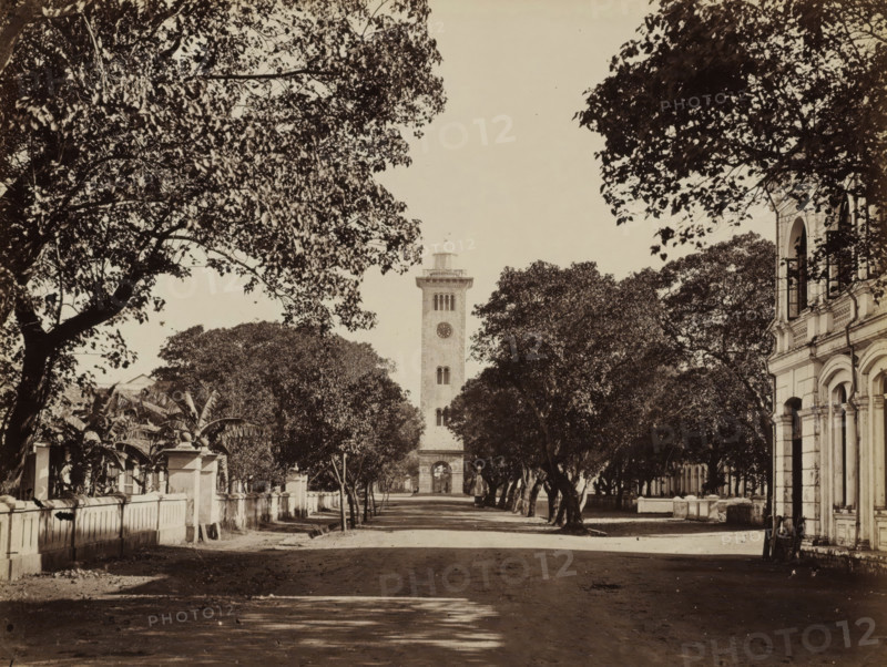 The Lighthouse at the Intersection of Queen Street (now Janadhipathi Mawatha) and Chatham Street, Colombo, album page, photograph, Part of Album with 50 photos of a trip through Southeast Asia. The lighthouse at the intersection of Queen Street (now Janadhipathi Mawatha) and Chatham Street, Colombo. Photographed looking east from Upper Chatham Street., photographer: attributed to Charles T. Scowen & Co., c. 1875 - c. 1880, South Asia, Attributed to, paper, albumen print, height 215 mm x width 277 mm, lighthouse, lightship, A wide tree-lined street leads toward a tall stone clock tower centered in the background, framed by dense foliage on both sides; large trees with spreading branches and leaves create a canopy over the roadway, casting dappled shadows on the ground. On the right side a multi-story stone building with arched windows and decorative architectural details is partially visible, its facade facing the street. On the left a low stone wall with gate posts runs alongside the s...