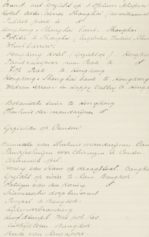 List of subjects depicted in the album (1 to 34), album page, list, Part of Album with 50 photos of a trip through Southeast Asia., writer (clerical worker): anonymous, Netherlands, c. 1900, writer (clerical worker), paper, writing (processes), handwriting, pen in black ink, height 339 mm x width 212 mm, A sheet of lined paper filled with cursive handwriting in dark ink, showing multiple horizontal lines of flowing script across the page with varying slant and letter spacing, some lines closer together and some with wider gaps, faint blue rule lines visible in the background, slight paper discoloration and smudges near the edges, and small variations in ink darkness where strokes are heavier.