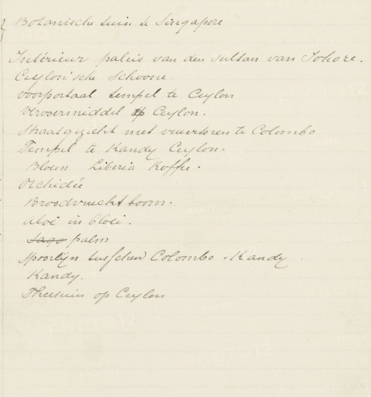 List of subjects depicted in the album (35 to 50), album page, list, Part of Album with 50 photos of a trip through Southeast Asia., writer (clerical worker): anonymous, Netherlands, c. 1900, writer (clerical worker), paper, writing (processes), handwriting, pen in black ink, height 339 mm x width 212 mm, A sheet of lined paper with neat cursive handwriting in dark ink running across the top portion, leaving the lower area mostly blank; the paper is slightly yellowed with faint horizontal ruling, a narrow left margin and a few small spots and smudges visible near the top and along the edges.