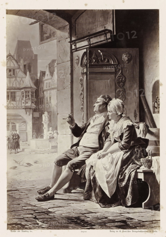 The Two Old Men on the Thor Way, Photographic reproduction of a painting by AG von Ramberg, depicting Hermann's parents sitting by a gate, photograph, reproduction, Part of Album with photographic reproductions of paintings by AG von Ramberg after the work 'Hermann und Dorothea' by JW von Goethe., photographer: Franz Hanfstaengl, after painting by Arthur Georg von Ramberg, publisher: G.-Grote'sche Verlagsbuchhandlung, Berlin, 1871 - 1872, Franz Hanfstaengl, Arthur Georg von Ramberg, G.-Grote'sche Verlagsbuchhandlung, photographer, after painting by, publisher, paper, albumen print, height 283 mm x width 197 mm, marriage, married couple, 'matrimonium', gate, entrance, A seated man and woman occupy a stone bench in front of an ornate wooden door with carved decorative panels and faces; the man leans back with one arm draped over the bench and the other hand raised holding a small object, while the woman sits close beside him wearing a head covering and layered garments with folded hands ...