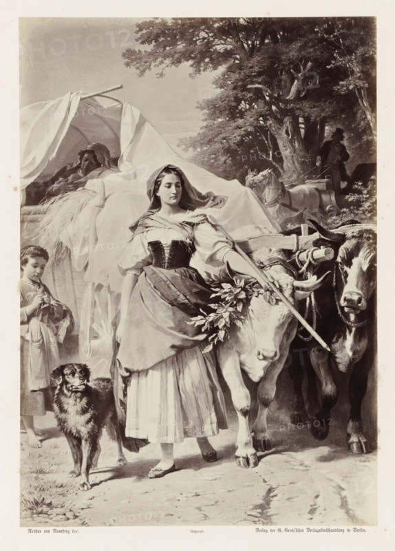 The Procession of Emigrants, Photographic reproduction of a painting by AG von Ramberg, depicting Dorothea and a procession of refugees, photograph, reproduction, Part of Album with photographic reproductions of paintings by AG von Ramberg after the work 'Hermann und Dorothea' by JW von Goethe., photographer: Franz Hanfstaengl, after painting by Arthur Georg von Ramberg, publisher: G.-Grote'sche Verlagsbuchhandlung, Berlin, 1871 - 1872, Franz Hanfstaengl, Arthur Georg von Ramberg, G.-Grote'sche Verlagsbuchhandlung, paper, albumen print, height 285 mm x width 200 mm, adult woman, political refugee, 'émigré', A young woman stands at the center wearing a headscarf, a fitted bodice, and a skirt, her hand resting on the head of a light-colored ox adorned with leafy branches, while a darker ox stands beside it harnessed to a wooden yoke; to the left a covered cart with draped fabric shelters a reclining figure, and a girl in simple clothing stands nearby holding an object; a dog with a thick...