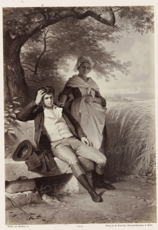 Hermann and the Mother under the Pear Tree, Photographic reproduction of a painting by AG von Ramberg, depicting Hermann and his mother under a pear tree, photograph, reproduction, Part of Album with photographic reproductions of paintings by AG von Ramberg after the work 'Hermann und Dorothea' by JW von Goethe., photographer: Franz Hanfstaengl, after painting by Arthur Georg von Ramberg, publisher: G.-Grote'sche Verlagsbuchhandlung, Berlin, 1871 - 1872, Franz Hanfstaengl, Arthur Georg von Ramberg, G.-Grote'sche Verlagsbuchhandlung, paper, albumen print, height 283 mm x width 197 mm, adult woman, youth, adolescent, mother and son(s) (family group), A monochrome scene shows a young man reclined on a stone bench under a large tree, his hand resting on his head and his legs stretched forward with boots on; a hat and a coat lie beside him on the bench. Standing behind him is a woman wearing a bonnet and a shawl tied at her neck, one hand resting near her waist and the other lightly touchin...