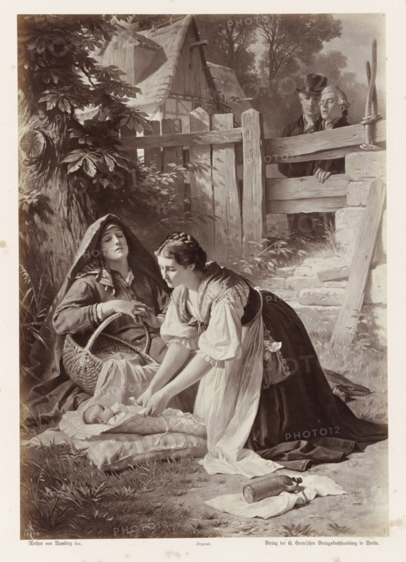 Dorothea and the Indwelling Woman, Photographic reproduction of a painting by AG von Ramberg, depicting Dorothea and the woman in childbirth, photograph, reproduction, Part of Album with photographic reproductions of paintings by AG von Ramberg after the work 'Hermann und Dorothea' by JW von Goethe., photographer: Franz Hanfstaengl, after painting by Arthur Georg von Ramberg, publisher: G.-Grote'sche Verlagsbuchhandlung, Berlin, 1871 - 1872, Franz Hanfstaengl, Arthur Georg von Ramberg, G.-Grote'sche Verlagsbuchhandlung, paper, albumen print, height 284 mm x width 200 mm, adult woman, mother and baby or young child, A sepia-toned scene shows two women in the foreground beside a wooden fence and a tree, one seated with a basket wearing a cloak and hood and the other leaning forward in a dress and apron tending to a swaddled infant lying on folded blankets on the grass; behind them a rustic fence and gate stand with a stone step and a thatched cottage partially visible among trees, while ...