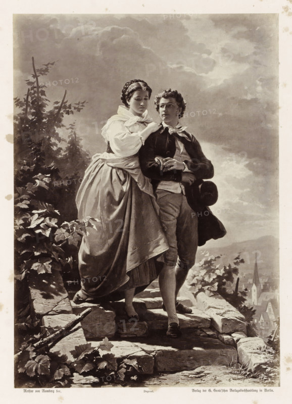 Photo reproduction of a painting by AG von Ramberg, depicting Dorothea and Hermann during an approaching thunderstorm, Heimkehr beim Anzug des Gewitters, photograph, reproduction, Part of Album with photo reproductions of paintings by AG von Ramberg after the work 'Hermann und Dorothea' by JW von Goethe., photographer: Franz Hanfstaengl, after painting by Arthur Georg von Ramberg, publisher: G.-Grote'sche Verlagsbuchhandlung, Berlin, 1871 - 1872, Franz Hanfstaengl, Arthur Georg von Ramberg, G.-Grote'sche Verlagsbuchhandlung, paper, albumen print, height 282 mm x width 201 mm, adolescent, young woman, maiden, youth, couple of lovers, storm on land, A sepia-toned image shows a young woman and a young man standing on a rocky ledge with foliage around them; the woman wears a long dress with a full skirt and a shawl draped over her shoulders, her hair braided and coiled, and she places one hand on the man's shoulder while looking slightly downward; the man wears a jacket, light trousers, an...