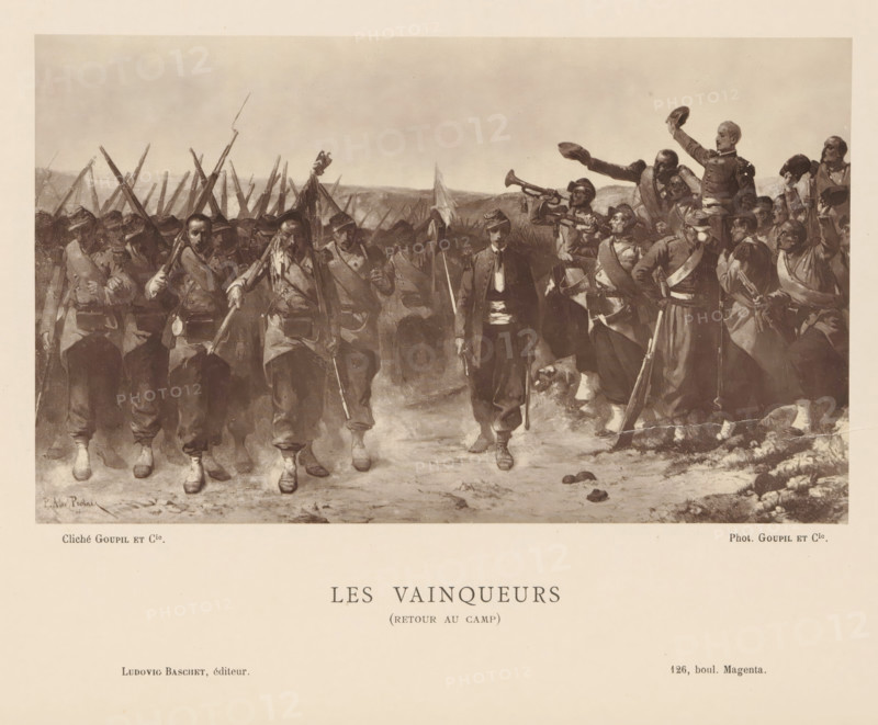 Photo reproduction of a painting by Alexandre Protais, depicting soldiers returning to their camp after a victory, Les Vainqueurs (retour au camp), reproduction, page, photomechanical print, inscription: '126, boul. Magenta.', photographer: Goupil & Cie., after painting by Alexandre Protais, publisher: Ludovic Baschet, c. 1876 - in or before 1879, paper, Woodburytype, height 134 mm x width 222 mm, picture, painting, the soldier, the soldier's life, A wide sepia-toned illustration shows a group of uniformed soldiers marching and standing on open ground, many carrying long rifles with bayonets and wearing caps and sashes; several men at the front walk with visible wear on their clothing and equipment, one man in the center holds a firearm while another beside him has a dog at his feet; to the right a cluster of soldiers stand and gesture, one man raising his hat and another blowing a horn, while faces show various expressions and some hats lie on the ground in front; the background featu...