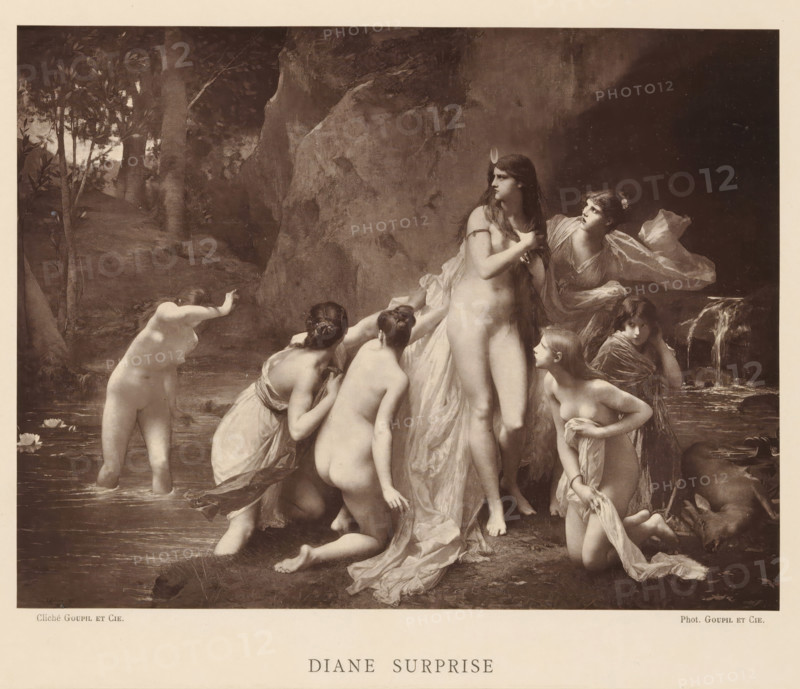Diane Surprise, Photo reproduction of the painting Diane Surprise by Jules Joseph Lefebrvre, reproduction, page, photomechanical print, photographer: Goupil & Cie., after painting by Jules Joseph Lefebvre, c. 1876 - in or before 1879, paper, Woodburytype, Woodburytypepie, height 191 mm x width 251 mm, picture, painting, Diana bathing with her nymphs, A sepia-toned painting shows a group of young women gathered at the edge of a woodland pool, many partially draped in translucent fabric and some unclothed, arranged around a central standing figure who holds a length of hair across her chest and looks to the side with a contemplative expression; surrounding her are women in varied poses including kneeling, reaching, turning away, and reclining near a small cascade, with leafy trees and rock formations forming a shaded background and water lilies floating on the pool surface.