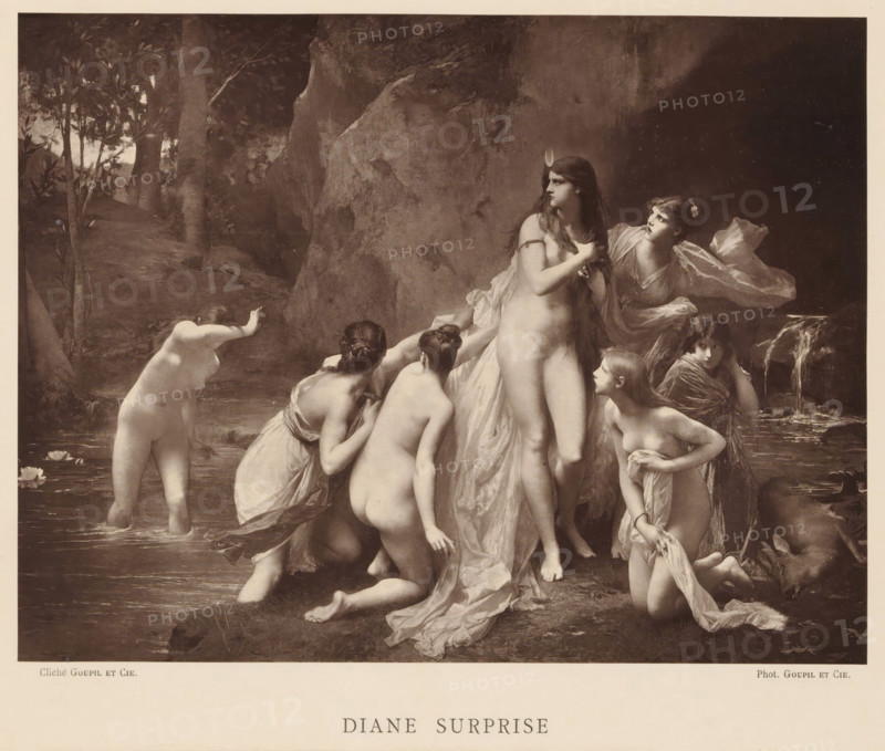 Portrait of Jules Joseph Lefebvre, page, photomechanical print, cliché maker: Goupil & Cie. (possibly), c. 1876 - in or before 1879, photographer, paper, Woodburytype, height 120 mm x width 85 mm, Person, François-Joseph Lefebvre, portrait, self-portrait of painter, A sepia-toned scene of women in a woodland pool, several of them nude or partially draped in translucent fabric, gathered around a taller central figure who stands on a rock with long hair and a small crescent-shaped ornament on her head, other women kneel or wade with arms extended toward her or clutching cloth, trees and rocky cliffs form the background, a small waterfall spills into the pool at the right, water lilies float on the surface, and a carved title appears below the image.