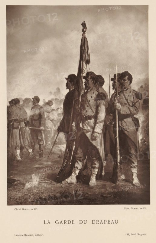 Photo reproduction of the painting La Garde du Drapeau by Alexandre Protais, La Garde du Drapeau, reproduction, page, photomechanical print, inscription: '126, boul. Magenta.', photographer: Goupil & Cie., after painting by Alexandre Protais, publisher: Ludovic Baschet, c. 1876 - in or before 1879, paper, Woodburytype, height 238 mm x width 172 mm, picture, painting, the soldier, the soldier's life, A sepia-toned illustration shows a group of uniformed soldiers standing and marching in formation on muddy ground, with three soldiers prominently in the foreground holding rifles and a tall flagpole with draped fabric, their uniforms featuring double-breasted coats and shoulder epaulets, caps, and gaitered boots; in the background additional soldiers are partially visible through mist and smoke, some holding rifles or swords, and low vegetation and puddles are visible on the ground beneath them.
