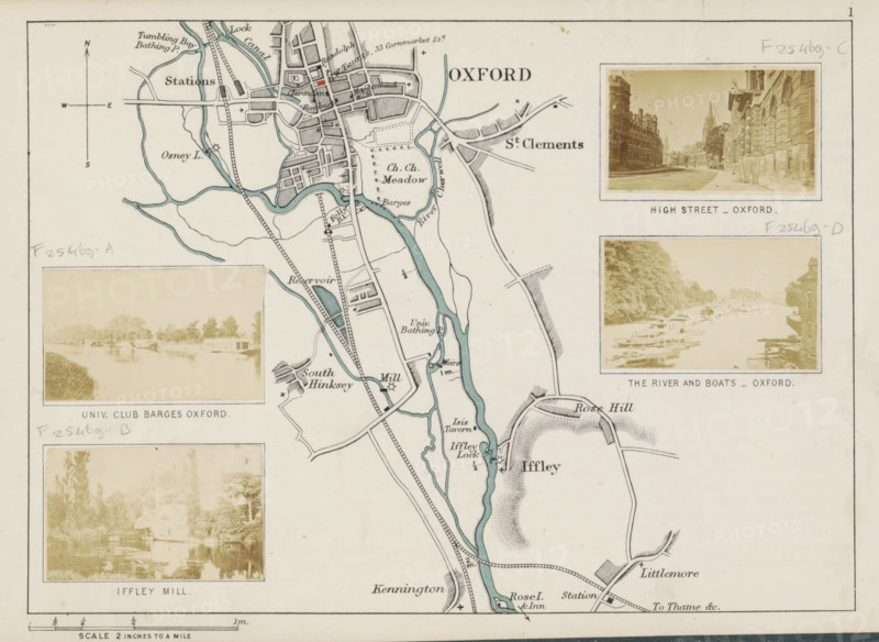 Inland barge mooring at Oxford, Univ. club barges Oxford, photograph, page, photographer: Henry W. Taunt, Oxford, 1871, albumen print, height 32 mm x width 53 mm, motorized barge, Thames, A portion of a vintage map showing a river and surrounding roads and pathways with shaded waterways in blue and lined areas indicating built-up sections, three rectangular photographic prints inset along the right and left edges depicting streets, boats on a river, and a riverside scene, hand-drawn compass markings near the top left, various small symbols and blocks representing buildings and landmarks, curving tributaries and locks, a large rounded hill shape near the lower right, and light handwritten pencil annotations along the borders.