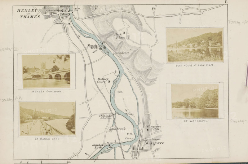 At Wargrave, View of the Thames at Wargrave, photograph, page, photographer: Henry W. Taunt, Wargrave, 1871, Berkshire, paper, albumen print, height 32 mm x width 44 mm, river, Thames, A map fragment showing a vertical river shaded in pale blue winding through a landscape of hatched hills and thin road lines, with small rectangles and squares marking structures; inset sepia photographs with pale borders depict a stone bridge over water with buildings and a tower behind it, a riverside boathouse framed by reeds and trees, a wooden walkway along the river with banks and distant hills, and a tranquil river scene with trees along the shore; the map area includes thin dashed and solid lines for paths and rail lines, small black dots and rectangles indicating buildings, contour-style hatching on hills, and faint pencil markings along the margins.