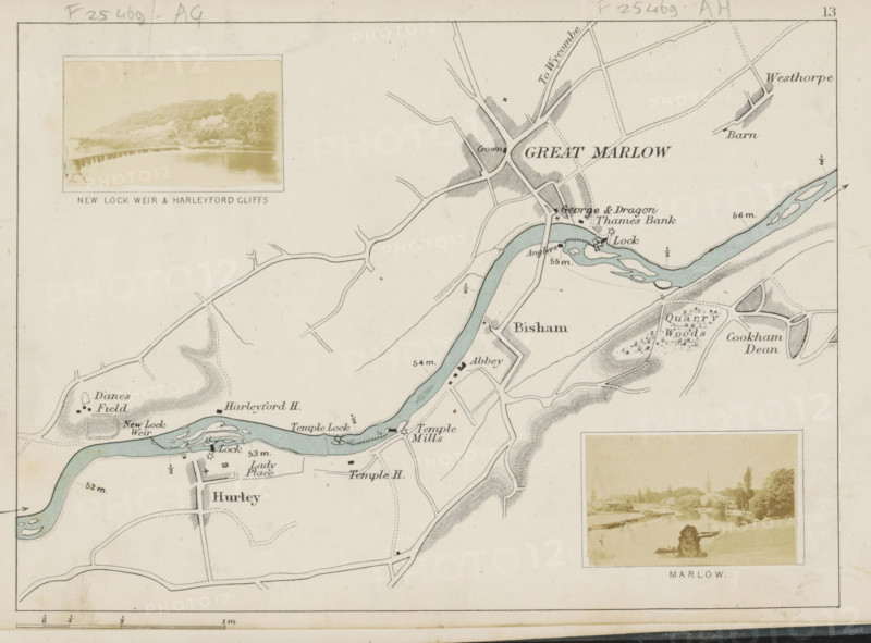 View of a weir in the Thames near Hurley, New Lock weir and Harleyford cliffs, photograph, page, photographer: Henry W. Taunt, Berkshire, 1871, paper, albumen print, height 30 mm x width 53 mm, river, sluice, weir, Thames, A section of a vintage map showing a winding blue river with light shading along its banks, surrounded by hand-drawn roads, fields, and shaded hills. There are small detailed illustrations of locks and weirs on the river, clusters of buildings and labeled areas marked on the map, and patterned textures indicating woods and quarry areas. Two sepia-toned photographic inserts are mounted on the map, each framed and depicting riverside scenes with trees and low structures. The map has a thin ruled border, faint pencil annotations near the top edge, and subtle age spots and paper discoloration.