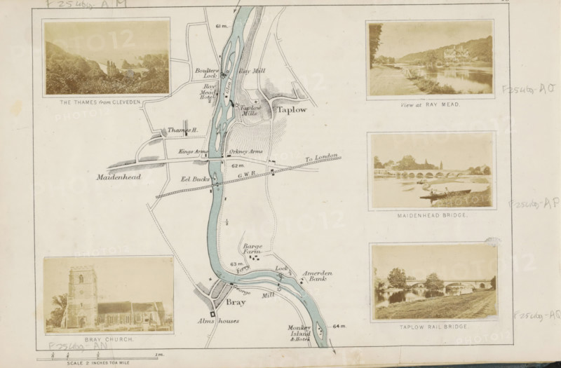View at Ray Mead, View of the Thames at Ray Mead, photograph, page, photographer: Henry W. Taunt, Berkshire, 1871, paper, albumen print, albumendruk, height 31 mm x width 53 mm, river, Thames, A vertical map of a river winding from top to bottom with shaded banks and small islands, flanked by several sepia photographic insets showing landscapes and buildings; the river is highlighted in a pale blue wash and crossed by a rail line and a road bridge, with surrounding hatched terrain, plotted pathways, and small building footprints.