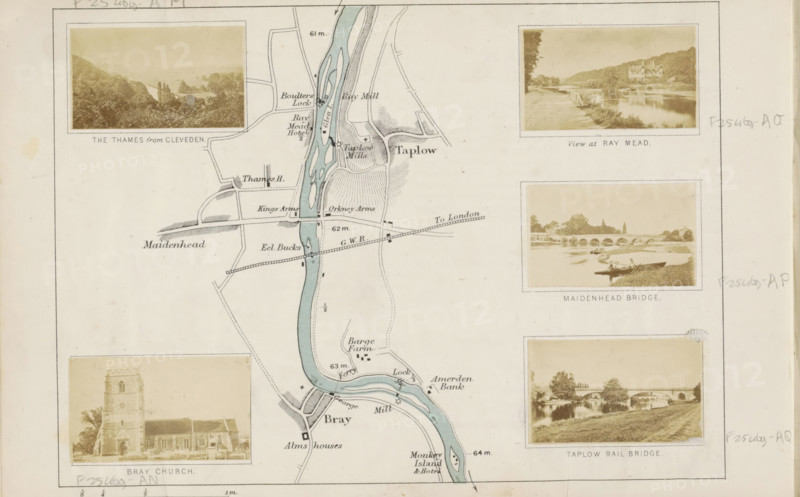View of a bridge over the Thames in Maidenhead, Maidenhead bridge, photograph, page, photographer: Henry W. Taunt, Maidenhead, 1871, Berkshire, paper, albumen print, albumendruk, height 31 mm x width 51 mm, river, bridge in city across river, canal, Thames, A vertical printed sheet showing a winding river colored pale blue flowing through a mapped landscape with roads and shaded hill textures, framed by rectangular sepia photographic vignettes at the edges; the photos depict countryside river views, a stone church, and arched bridges with grassy riverbanks and small boats, all mounted on the map with simple thin borders and surrounded by wide blank margins.