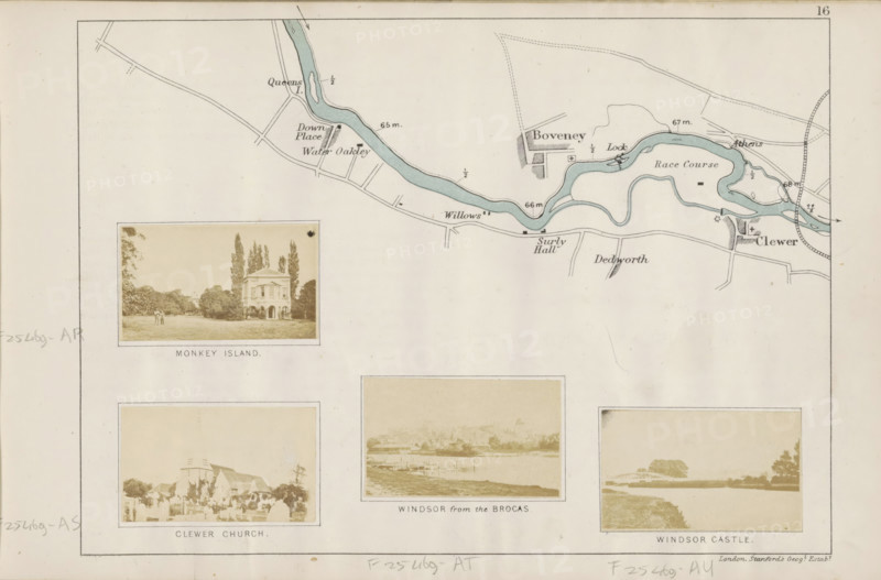 View of a church in Clewer, Clewer church, photograph, page, photographer: Henry W. Taunt, Clewer, publisher: Edward Stanford, London, 1871, Berkshire, paper, albumen print, albumendruk, height 31 mm x width 52 mm, church (exterior), A rectangular page showing a detailed drawn map along the top edge with a pale blue winding river and thin black roads and shaded building blocks, and several sepia-toned photographic prints mounted below the map, each within a thin rectangular border; the top-left print depicts a lawn with trees and a two-story classical building, the lower-left print shows a church and graveyard with trees, the center print shows a riverside view with buildings on the far bank, and the lower-right print shows a riverscape with a distant castle silhouette and surrounding trees, all arranged on a cream background with faint pencil marks near the margins.