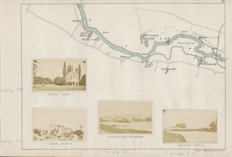 View of Windsor across the Thames, Windsor from the Brocas, photograph, page, photographer: Henry W. Taunt, Windsor, publisher: Edward Stanford, London, 1871, Berkshire, paper, albumen print, albumendruk, height 32 mm x width 52 mm, river, Thames, A pale map and photographic collage on a cream background showing a meandering blue river with surrounding thin black roads and small shaded blocks, an inset rectangular sepia photograph of a two-story building with arched ground openings and tall trees on a lawn, three other rectangular sepia photographs of a churchyard, a riverside view with boats and a low distant skyline, and a distant castle-like silhouette, thin border lines framing the composition, and small handwritten pencil marks along the outer margins.