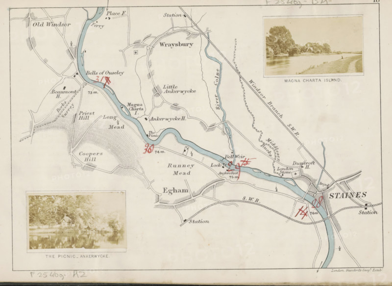 The picnic, Ankerwycke, View of a park on the Thames, photograph, photographer: Henry W. Taunt, Berkshire, publisher: Edward Stanford, London, 1871, paper, albumen print, albumendruk, height 30 mm x width 54mm, river, public gardens, park, Thames, A faded printed map showing a winding pale blue river flowing across a light beige background with thin black lines indicating roads and boundaries, shaded hatch marks indicating hills and fields, small black rectangular and square symbols scattered near the river, and several handwritten red ink markings over parts of the map. There are two sepia photographic inserts: one near the top right depicting a riverside scene with trees, a grassy bank, a path and a small building in the distance, and another near the lower left showing a waterside view with trees and a small house reflected in the water. The map has a narrow black border and areas of light discoloration and spotting on the paper.