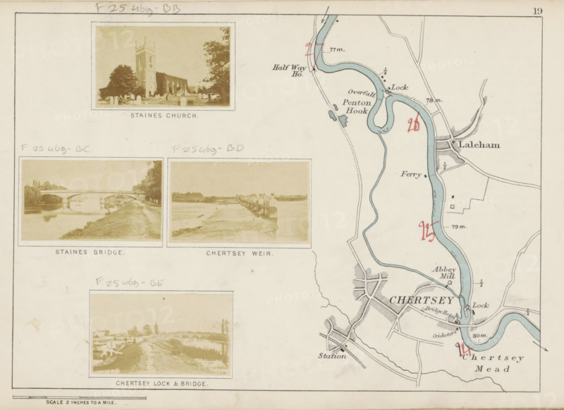 View of a lock and a bridge over the Thames at Chertsey, Chertsey lock and bridge, photograph, page, photographer: Henry W. Taunt, Chertsey, 1871, Surrey, paper, albumen print, height 31 mm x width 54 mm, river, bridge, sluice, weir, Thames, A pale paper map and photographic montage showing three sepia photographs in rectangular frames on the left and a winding blue river and adjacent roads and town layout on the right, the top photograph depicts a church with a square tower, a tree beside it and gravestones in front, the middle left photograph shows a stone bridge over calm water with a riverside path and trees, the middle right photograph shows a weir with wooden posts extending into flowing water, the lower framed photograph shows a riverside scene with boats on the bank and buildings beyond, the right side displays a curving river colored blue with meanders and small hand-drawn annotations and red handwritten marks, surrounding streets, blocks and a station symbol with rail lines a...