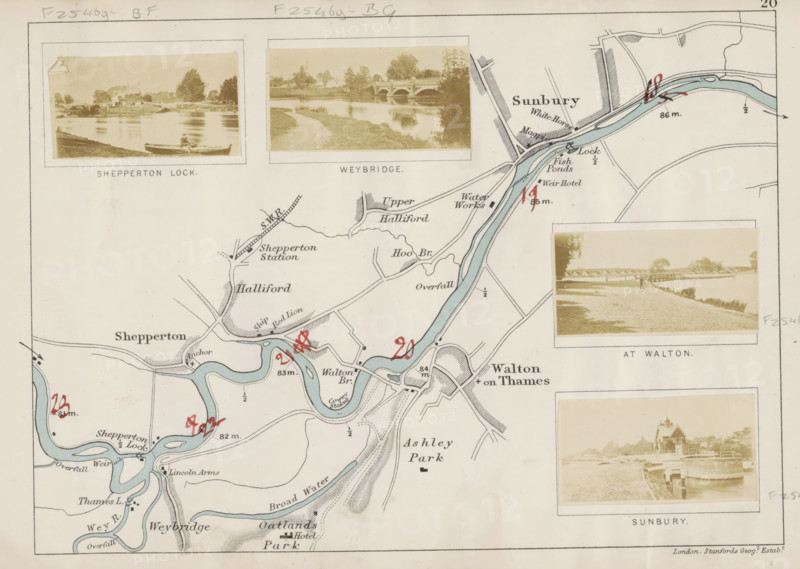 View of a lock in the Thames at Sunbury, Sunbury, photograph, page, photographer: Henry W. Taunt, publisher: Edward Stanford, London, 1871, paper, albumen print, albumendruk, height 29 mm x width 53mm, river, sluice, weir, Thames, A map segment showing a winding river colored in pale blue with surrounding land areas in cream, overlaid with small sepia photographic prints placed near the river; one photo shows a boat on calm water with trees and buildings in the background, another shows a path beside the river with a bridge visible in the distance and a person standing on the riverbank, and another shows a riverside scene with a lock structure and buildings nearby; the map includes thin black lines denoting roads and railways, shaded hatch patterns for built areas, handwritten red ink markings at several river points, and scattered small black map symbols and labels rendered in dark ink.