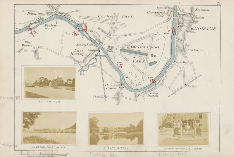 View of the Thames at Hampton, At Hampton, photograph, page, photographer: Henry W. Taunt, Hampton (Richmond upon Thames), 1871, Richmond upon Thames, paper, albumen print, height 31 mm x width 50 mm, river, Thames, A sheet shows a stylized map with a winding river colored pale blue, surrounding parkland and built areas rendered in light beige and grey, with dotted tree symbols and small rectangular building blocks; red handwritten marks and circles appear at several river locations, and thin black lines indicate roads and railways with small rectangular stations; a photographic inset at the left depicts a riverside scene with trees and a domed building reflected in calm water, and two additional photographic insets below show a grassy bank and distant buildings by water on the left and a street scene with a small fenced monument and buildings on the right, all three photos presented with pale sepia tones and white borders.